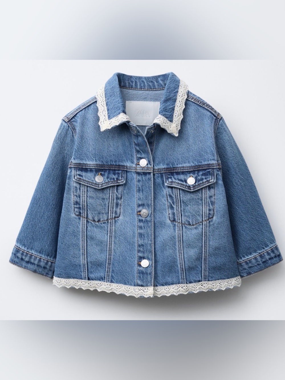 Zara Girls Light Blue Denim Jacket with Cream Lace Trim, 3T